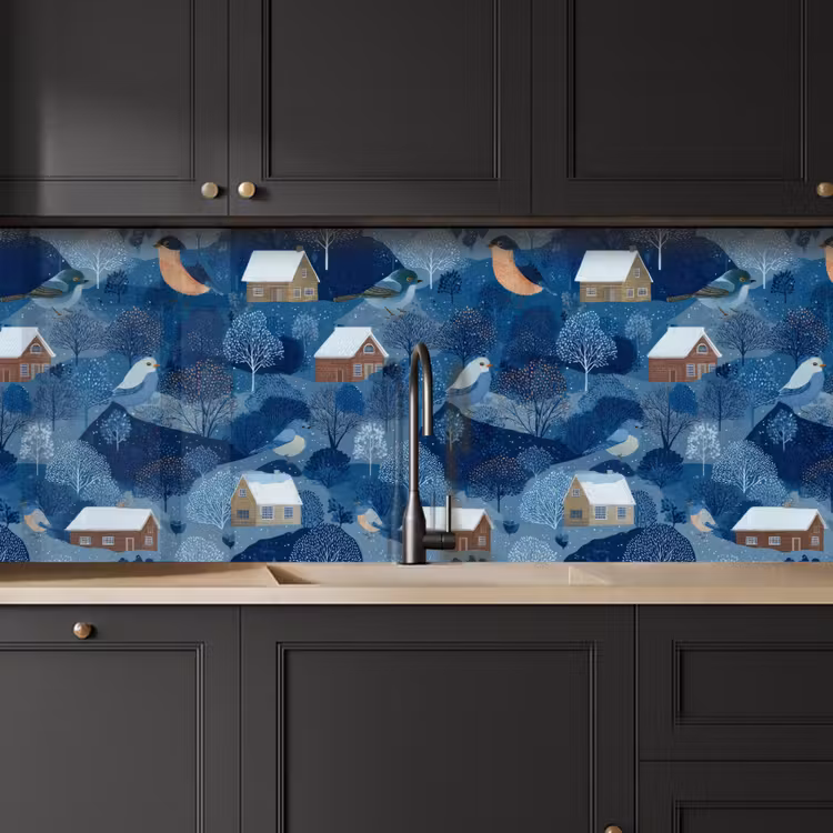 Huisjes - Vogels - Sneeuw - Winter - Blauw keuken achterwand 2 middel 871 -sfeer1