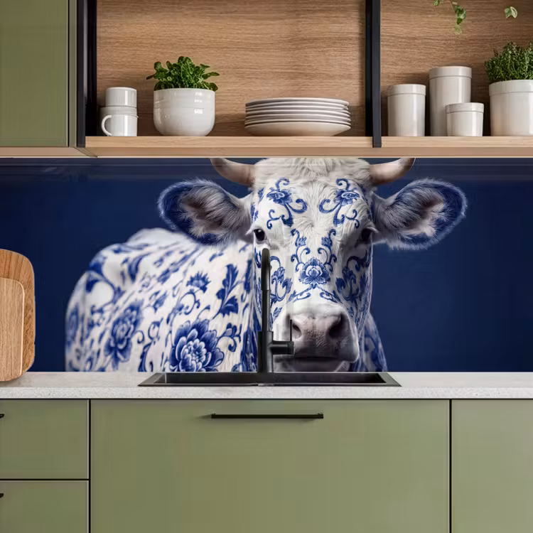 Koe - Delfts - Blauw - Artistiek keuken achterwand 2 middel -sfeer3