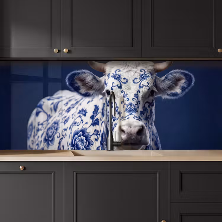 Koe - Delfts - Blauw - Artistiek keuken achterwand 2 middel -sfeer1