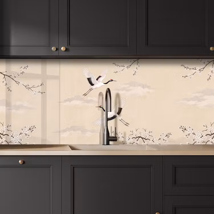 Kraanvogels - Bloesem - Beige keuken achterwand 2 middel -sfeer1