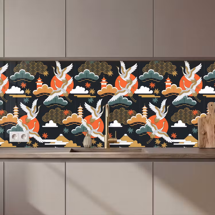 Kraanvogel - Wolken - Japan - Patroon keuken achterwand 2 middel 871 zz_3dshopping