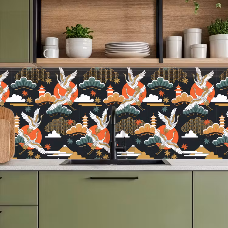 Kraanvogel - Wolken - Japan - Patroon keuken achterwand 2 middel 871 -sfeer3