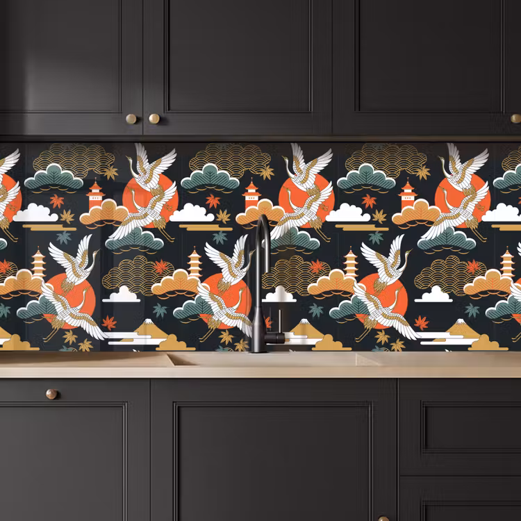 Kraanvogel - Wolken - Japan - Patroon keuken achterwand 2 middel 871 -sfeer1