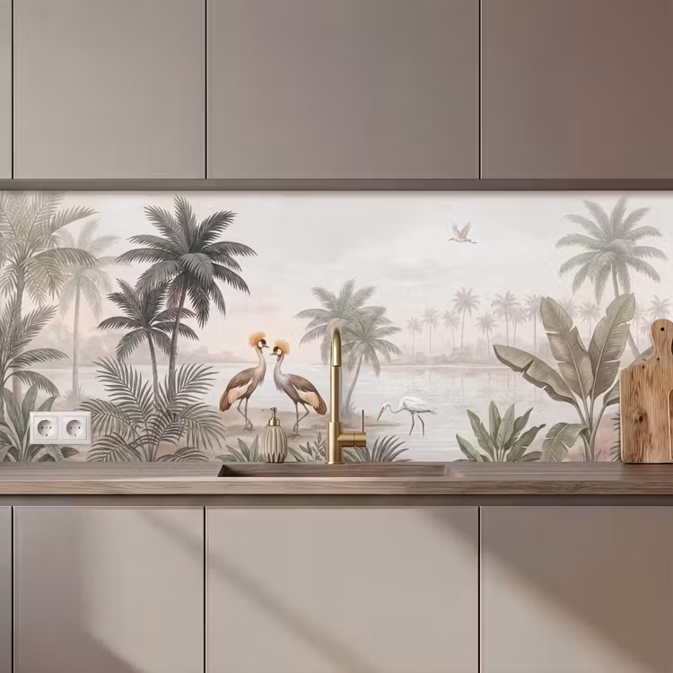 Kraanvogels - Palmbomen - Tropisch keuken achterwand 2 middel zz_3dshopping