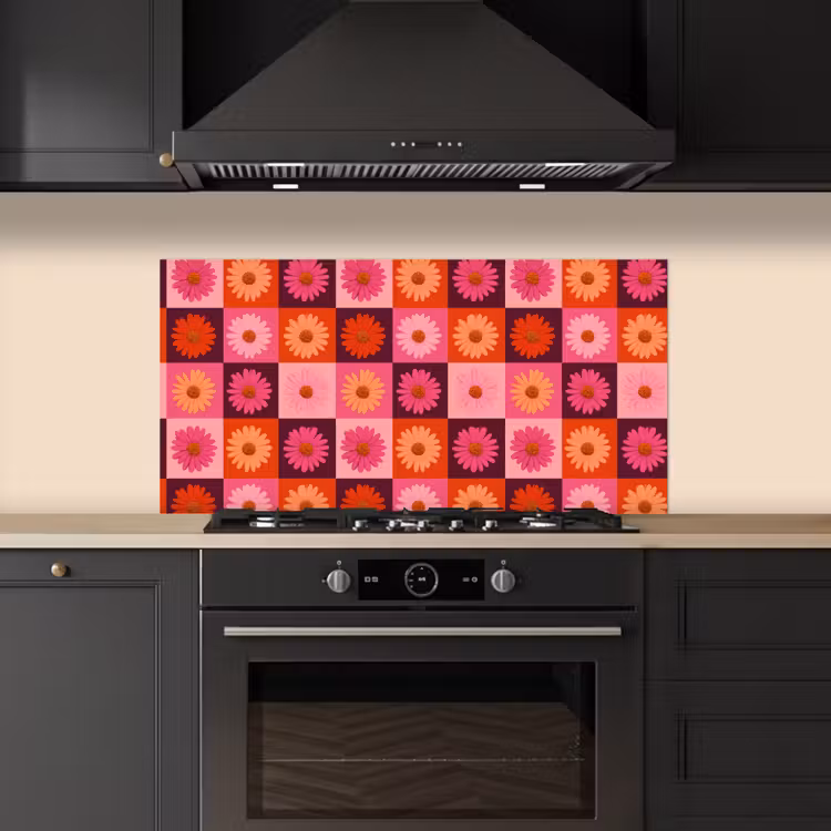 Madeliefjes - Dambord - Retro - Roze - Oranje keuken achterwand spatscherm middel 899 -sfeer1
