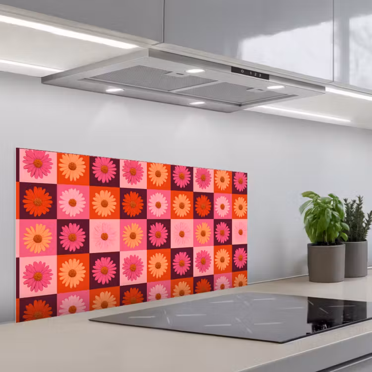 Madeliefjes - Dambord - Retro - Roze - Oranje keuken achterwand spatscherm middel 899 -3d_schuin