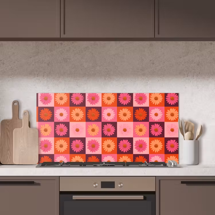 Madeliefjes - Dambord - Retro - Roze - Oranje keuken achterwand spatscherm middel 899 -sfeer2