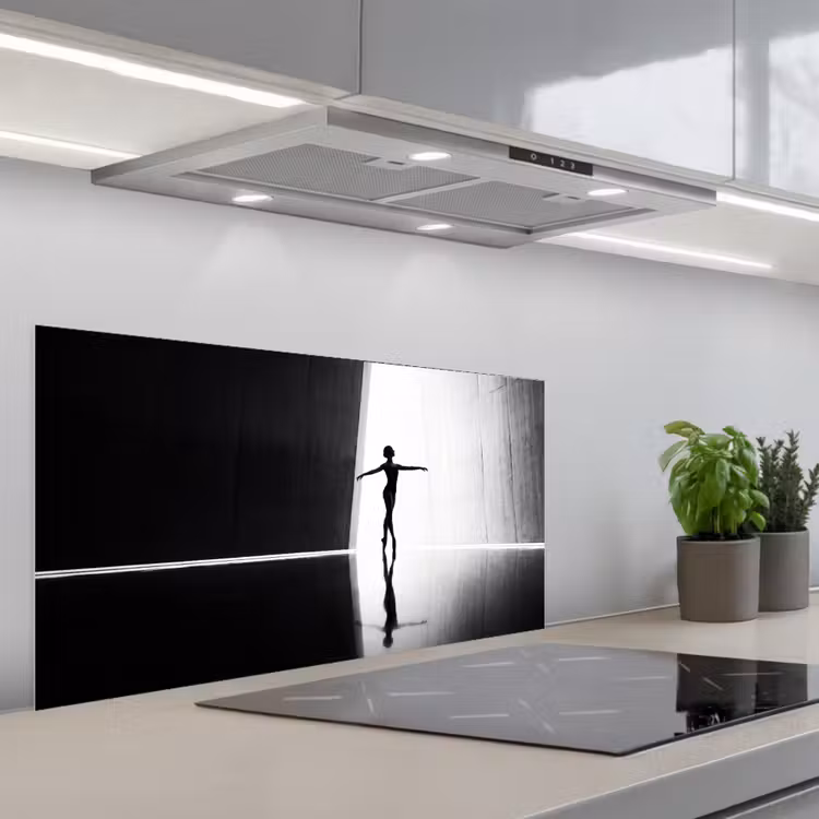 Danser - Silhouette - Kunst - Modern - Zwart-wit keuken achterwand spatscherm middel -3d_schuin