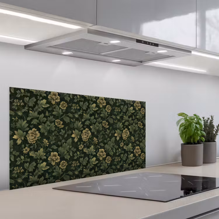 Donker - Groen - Goud - Botanisch keuken achterwand spatscherm middel 899 -3d_schuin