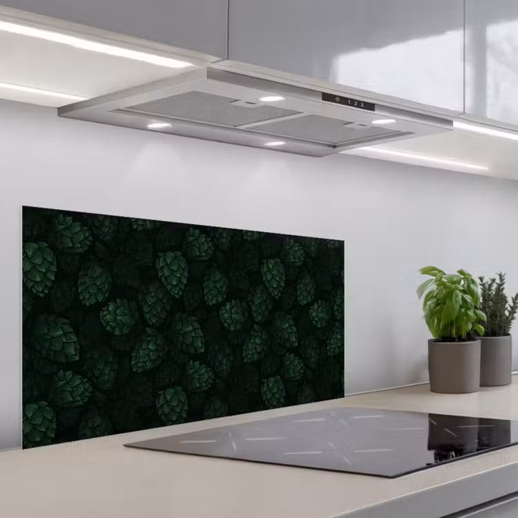 Donker - Groen - Hopbellen - Botanisch - Illustratie keuken achterwand spatscherm middel 899 -3d_schuin