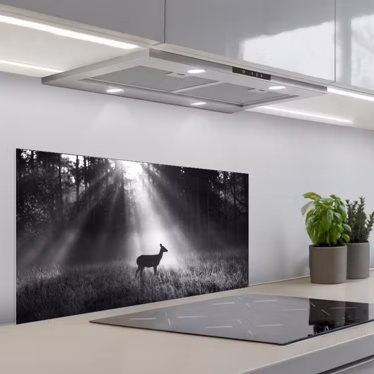 Hert - Bos - Zonnestralen - Zwart-wit - Natuur keuken achterwand spatscherm middel -3d_schuin