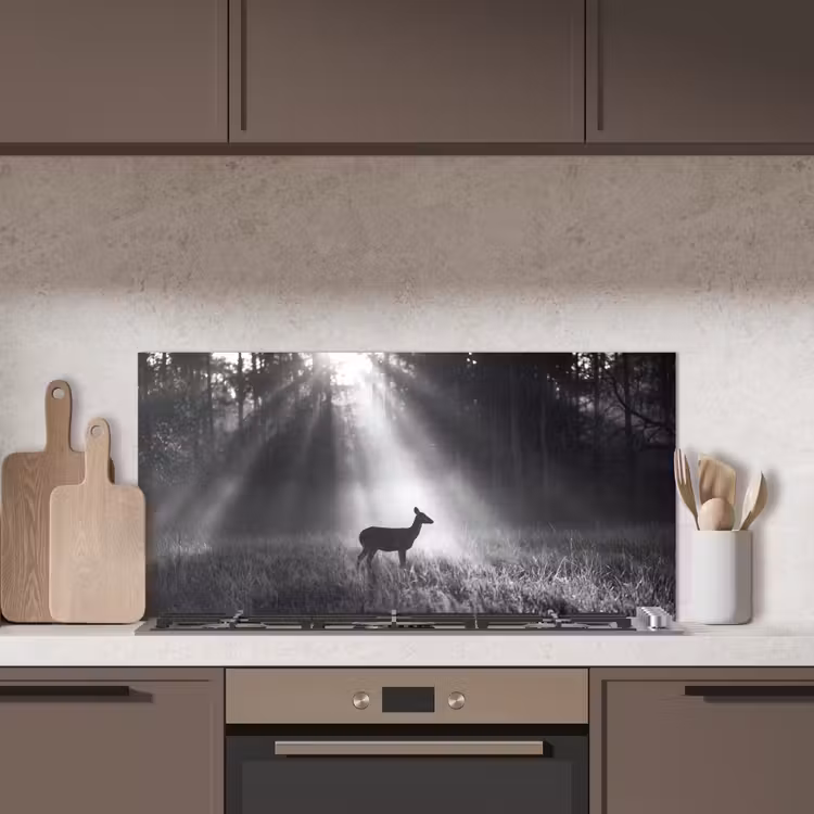 Hert - Bos - Zonnestralen - Zwart-wit - Natuur keuken achterwand spatscherm middel -sfeer2