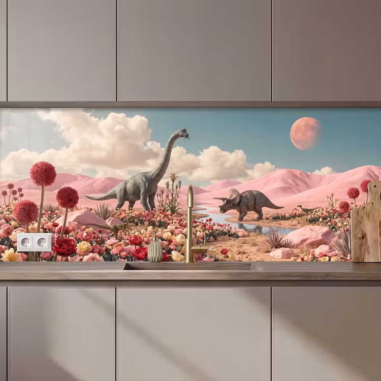 Kitchen Wall Splashback - Dinosaur - Pink - Landscape - Dinosaurus - Roze - Landschap keuken achterwand 2 middel zz_3dshopping