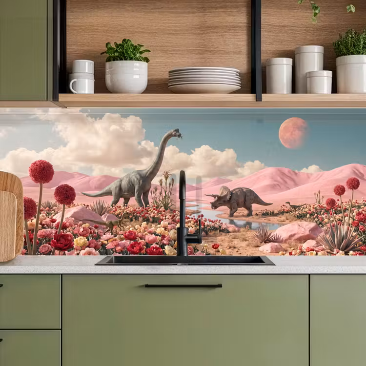 Kitchen Wall Splashback - Dinosaur - Pink - Landscape - Dinosaurus - Roze - Landschap keuken achterwand 2 middel