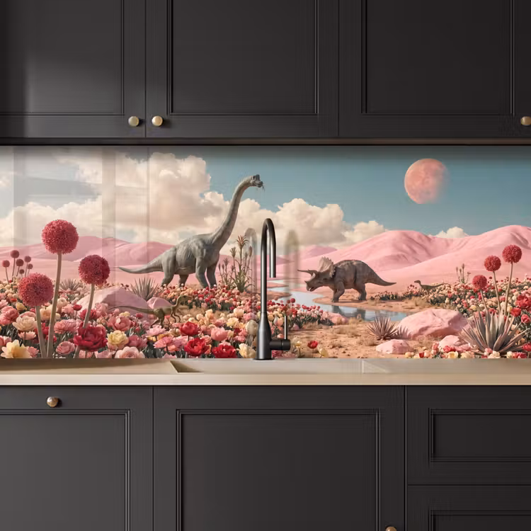 Kitchen Wall Splashback - Dinosaur - Pink - Landscape - Dinosaurus - Roze - Landschap keuken achterwand 2 middel