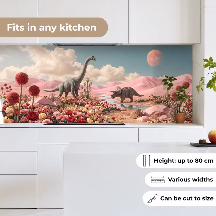 Kitchen Wall Splashback - Dinosaur - Pink - Landscape - Dinosaurus - Roze - Landschap keuken achterwand 2 middel