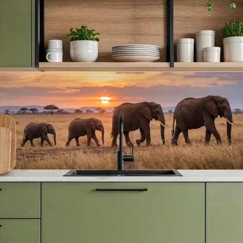 Olifanten - Savanne - Zonsondergang - Afrika - Warm keuken achterwand 2 middel -sfeer3