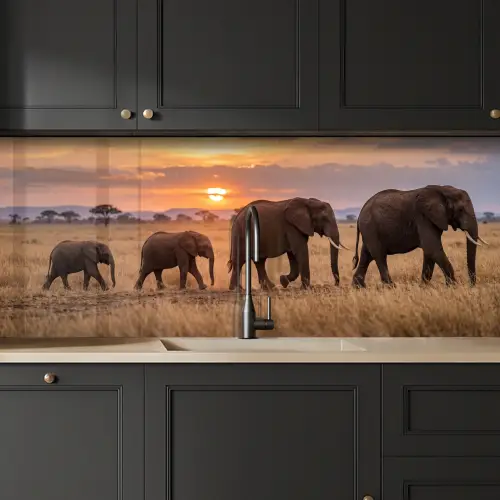 Olifanten - Savanne - Zonsondergang - Afrika - Warm keuken achterwand 2 middel -sfeer1