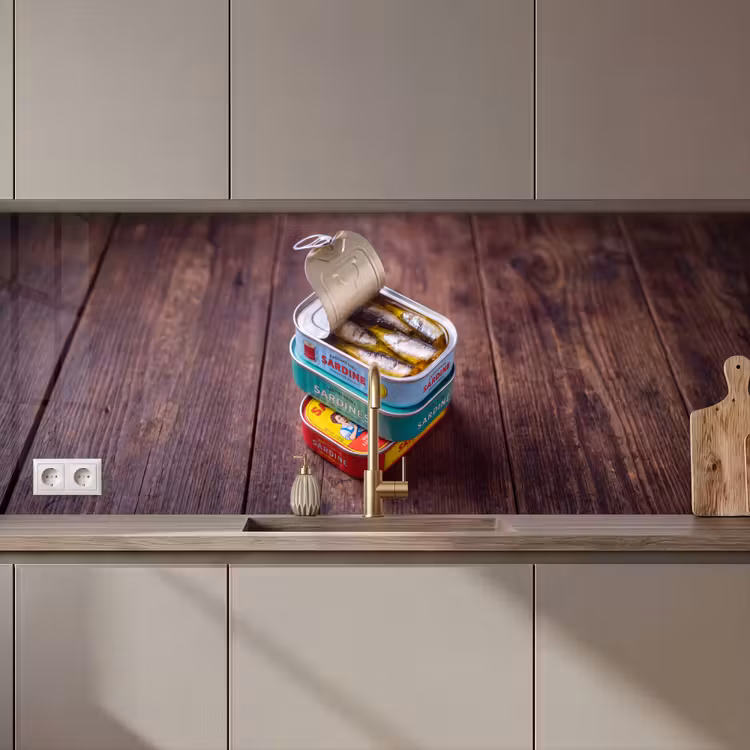 Kitchen Wall Splashback - Fish - Cans - Kitchen - Vis - Blikjes - Keuken keuken achterwand 2 middel zz_3dshopping