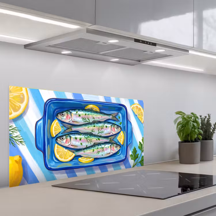 Vis - Citroen - Kruiden - Eten - Blauw keuken achterwand spatscherm middel -3d_schuin