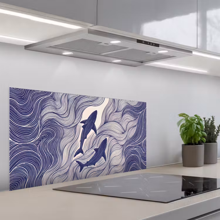 Vis - Oceaan - Lijntekening - Blauw - Dieren keuken achterwand spatscherm middel -3d_schuin