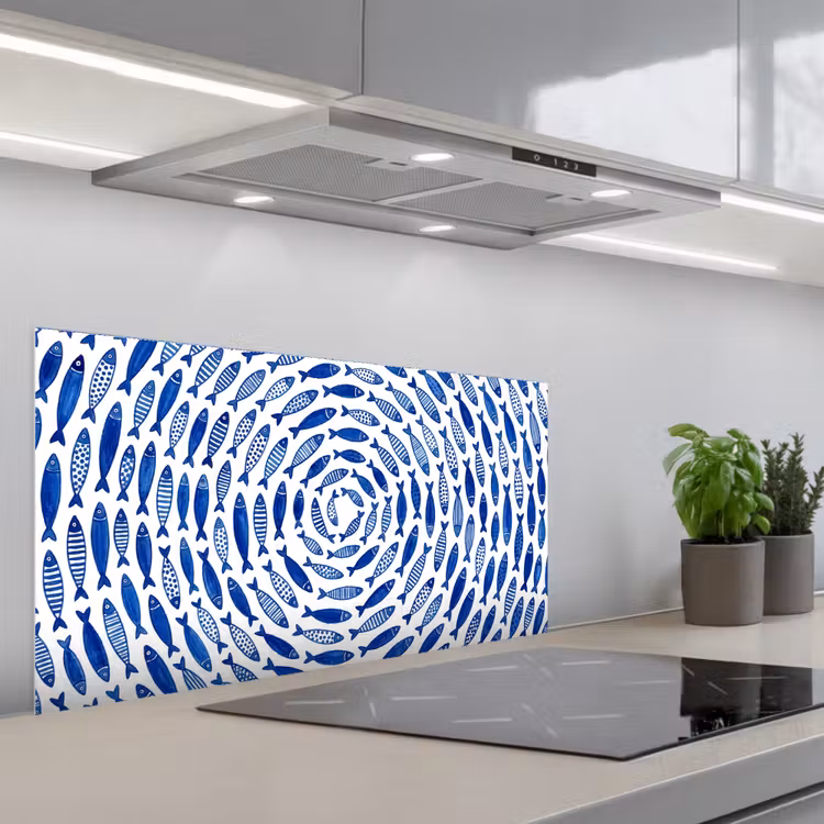 Vis - Patroon - Onderwater - Abstract - Blauw keuken achterwand spatscherm middel -3d_schuin