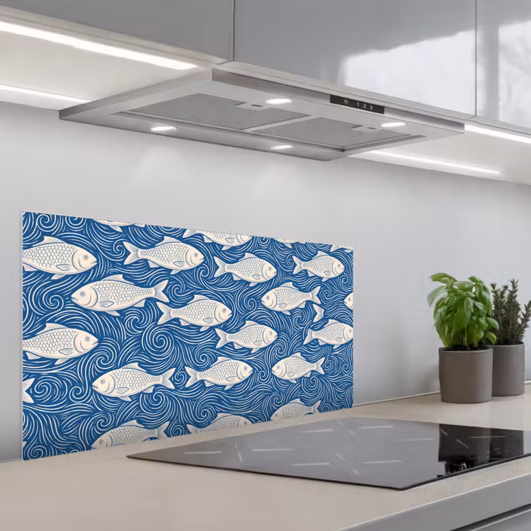 Vis - Water - Patroon - Grafisch - Blauw keuken achterwand spatscherm middel -3d_schuin