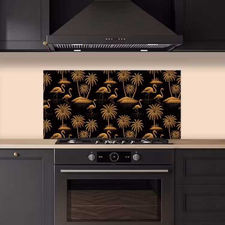 Flamingo - Palmbomen - Tropisch - Goud - Zwart keuken achterwand spatscherm middel 899 -sfeer1