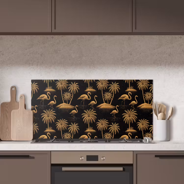 Flamingo - Palmbomen - Tropisch - Goud - Zwart keuken achterwand spatscherm middel 899 -sfeer2