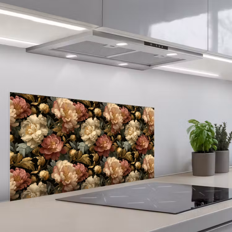 Bloemen - Barok - Patroon - Roze - Crème keuken achterwand spatscherm middel 899 -3d_schuin