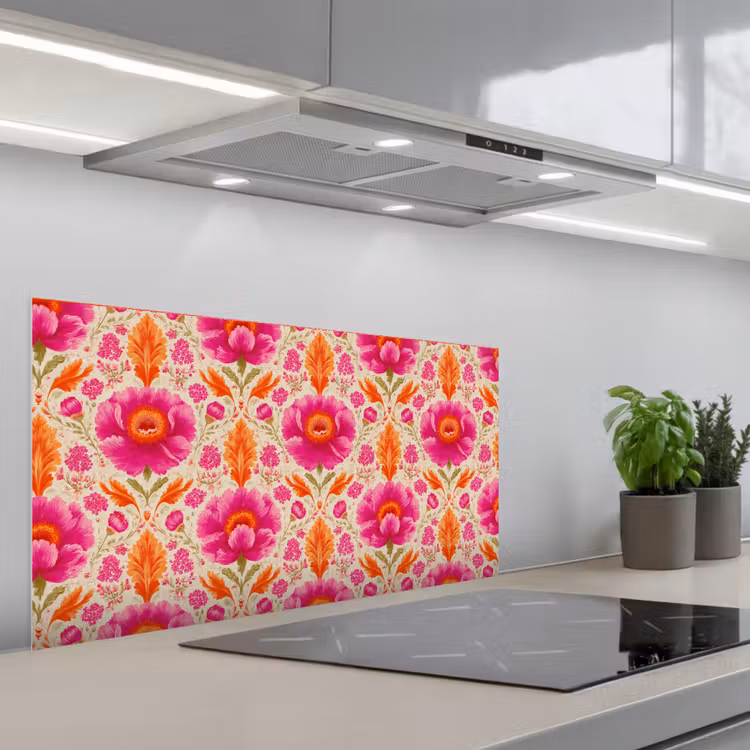 Bloemen - Barok - Roze - Oranje keuken achterwand spatscherm middel 899 -3d_schuin