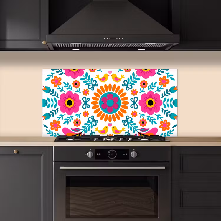Bloemen - Vogel - Patroon - Kleurrijk - Modern keuken achterwand spatscherm middel -sfeer1