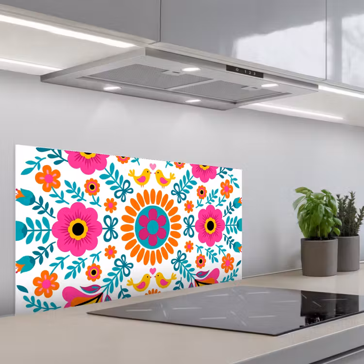 Bloemen - Vogel - Patroon - Kleurrijk - Modern keuken achterwand spatscherm middel -3d_schuin