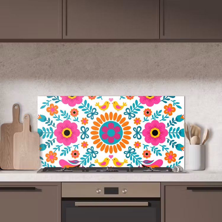 Bloemen - Vogel - Patroon - Kleurrijk - Modern keuken achterwand spatscherm middel -sfeer2
