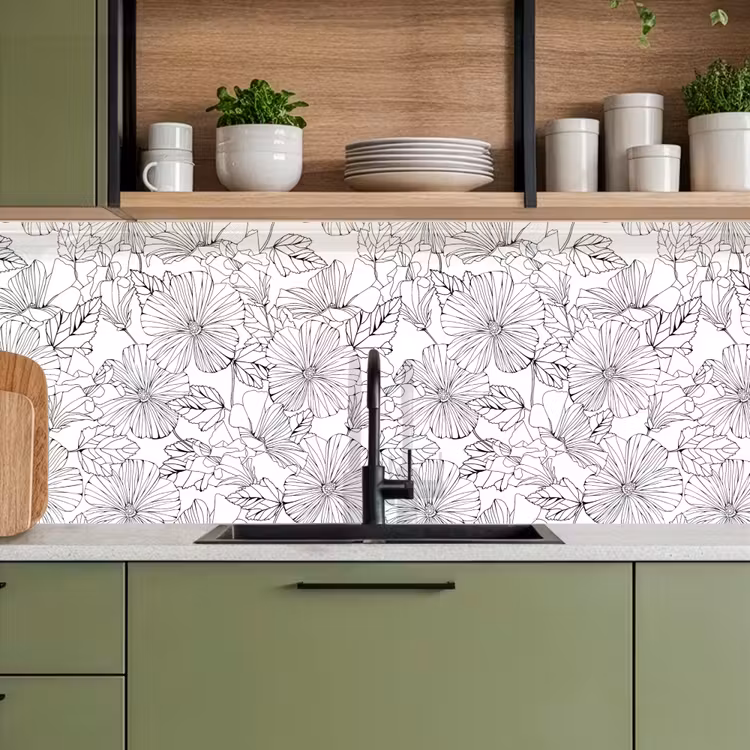 Bloemen - Zwart - Wit - Design - Flora keuken achterwand 2 middel 871 -sfeer3