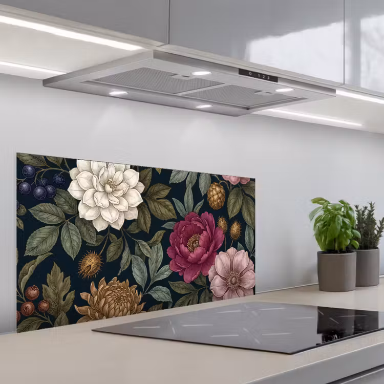 Bloemen - Botanisch - Illustratie - Donker - Vintage keuken achterwand spatscherm middel -3d_schuin