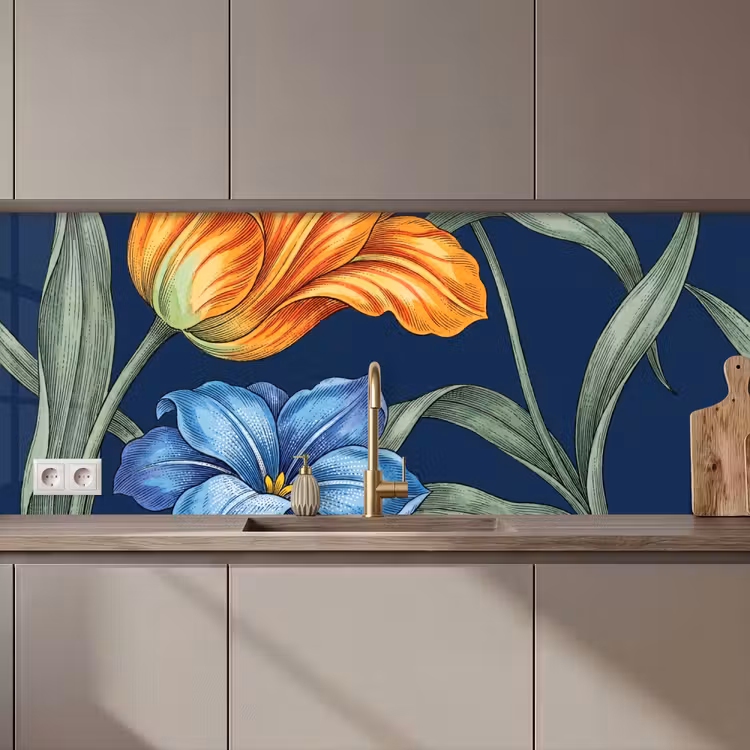 Kitchen Wall Splashback - Flowers - Botanical - Pattern - Bloemen - Botanisch - Patroon keuken achterwand 2 middel zz_3dshopping