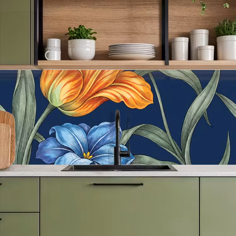Kitchen Wall Splashback - Flowers - Botanical - Pattern - Bloemen - Botanisch - Patroon keuken achterwand 2 middel