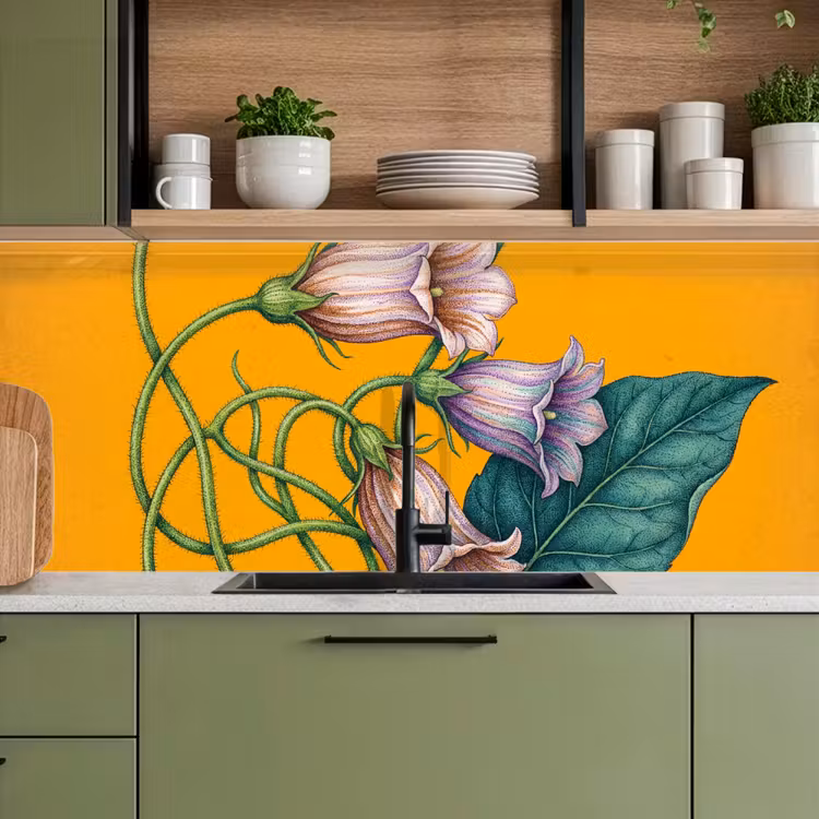 Kitchen Wall Splashback - Flowers - Botanical - Yellow - Bloemen - Botanisch - Geel keuken achterwand 2 middel