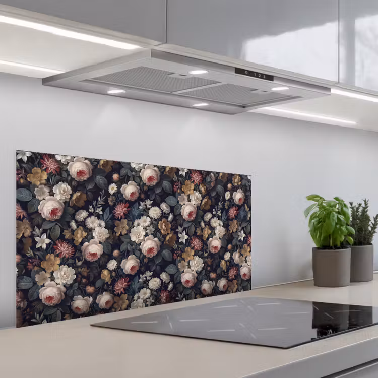 Bloemen - Boeket - Botanisch - Vintage - Donkere achtergrond keuken achterwand spatscherm middel -3d_schuin