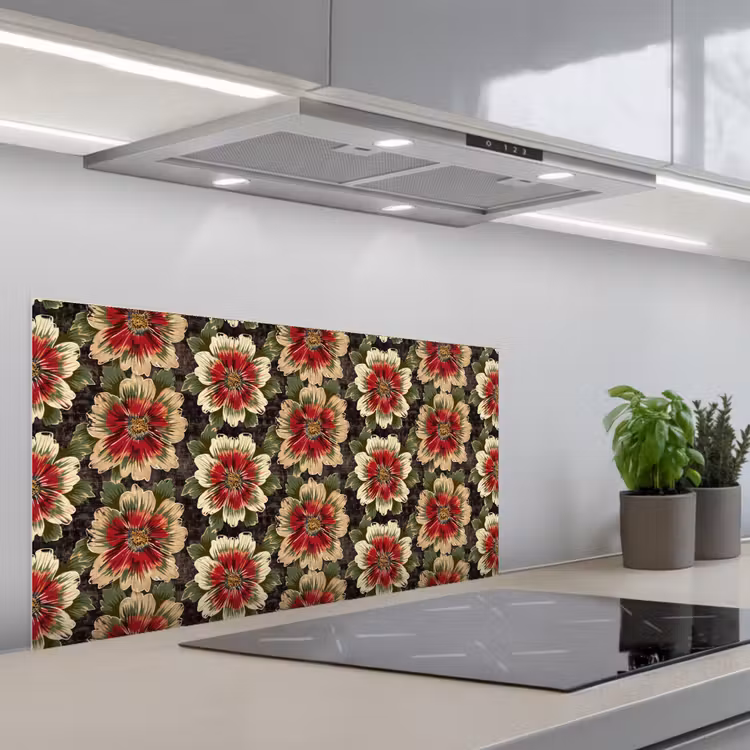 Bloemen - Klassiek - Patroon - Rood keuken achterwand spatscherm middel 899 -3d_schuin