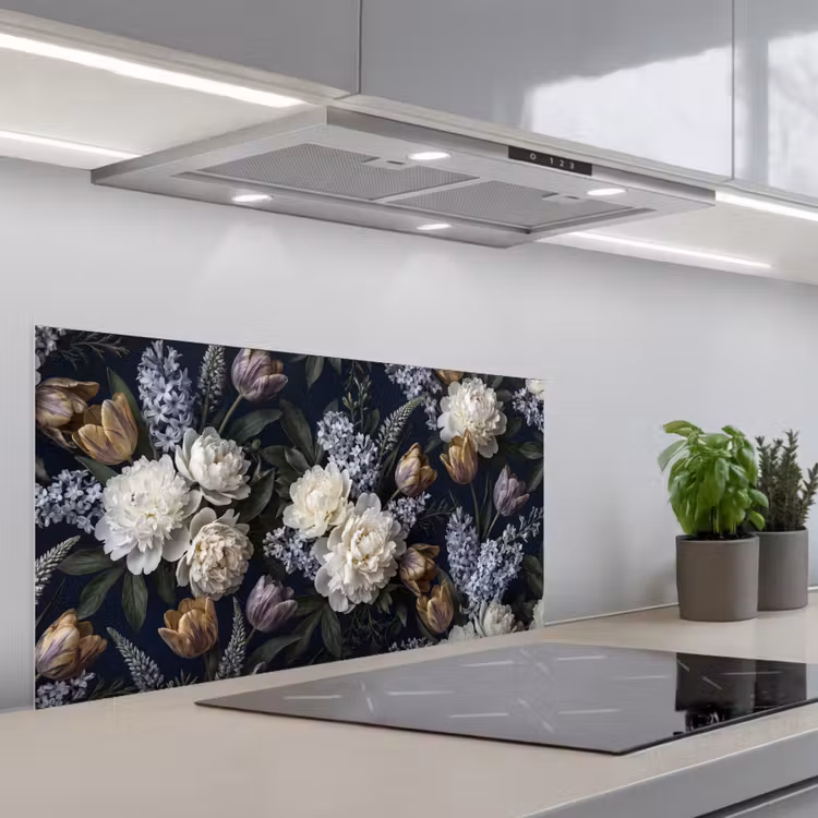 Bloemen - Donker - Elegant - Natuur - Wit keuken achterwand spatscherm middel -3d_schuin