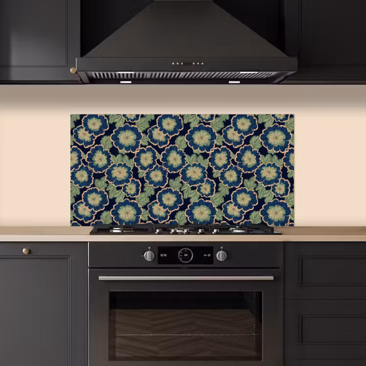 Bloemen - Borduurwerk - Patroon - Blauw - Groen keuken achterwand spatscherm middel 899 -sfeer1