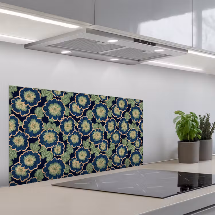 Bloemen - Borduurwerk - Patroon - Blauw - Groen keuken achterwand spatscherm middel 899 -3d_schuin