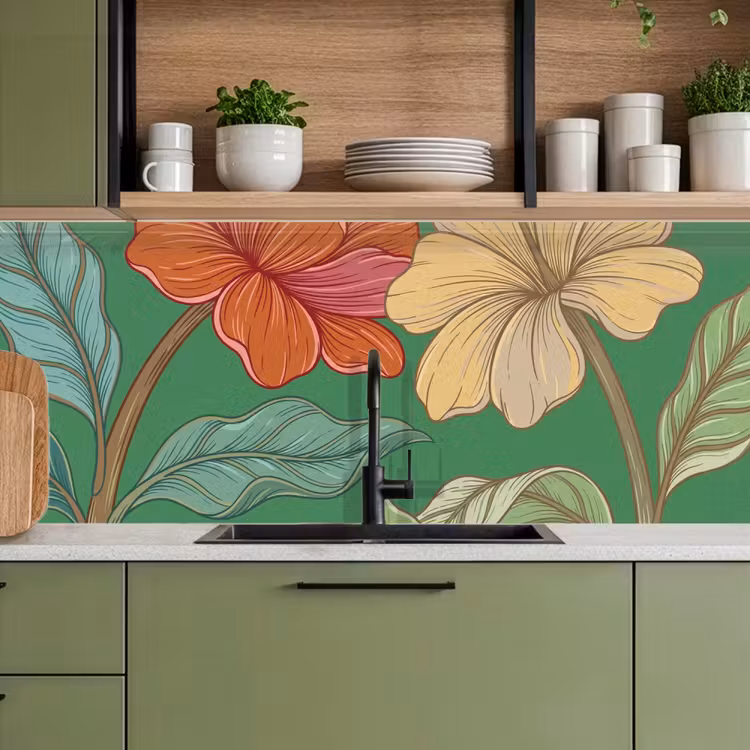 Kitchen Wall Splashback - Flowers - Greenery - Illustration - Bloemen - Groen - Illustratie keuken achterwand 2 middel