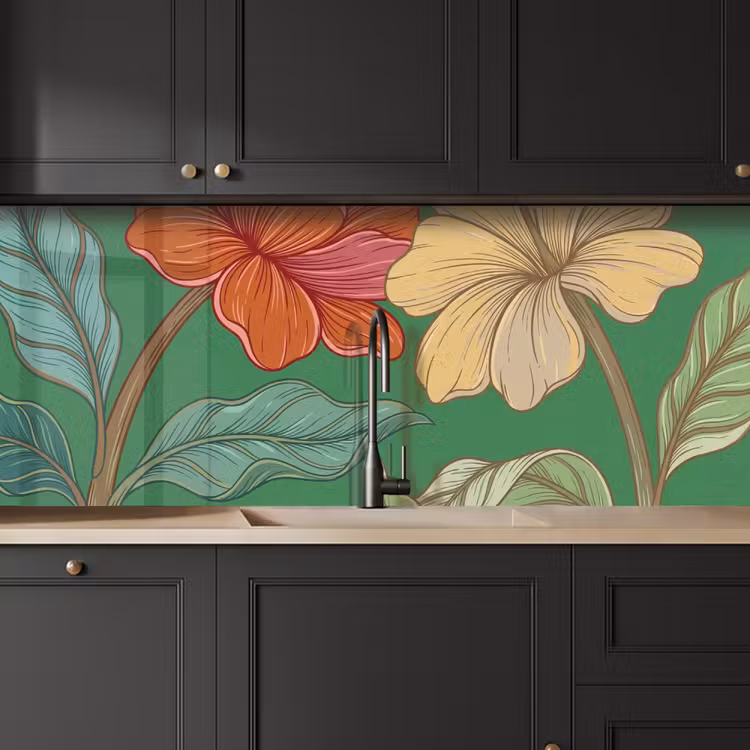 Kitchen Wall Splashback - Flowers - Greenery - Illustration - Bloemen - Groen - Illustratie keuken achterwand 2 middel
