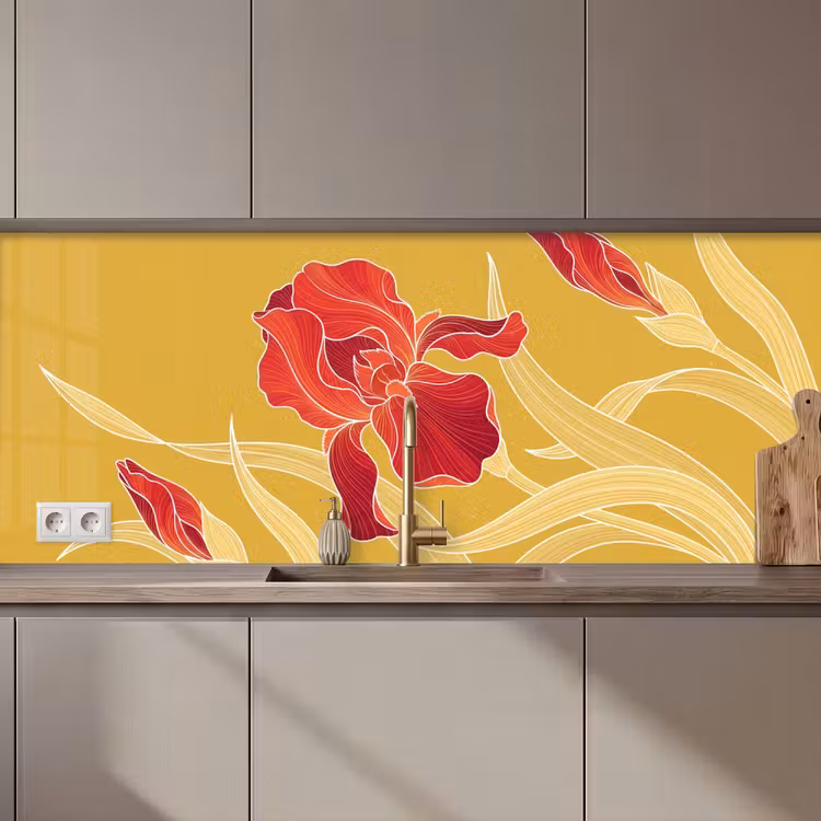 Kitchen Wall Splashback - Flowers - Illustration - Red - Bloemen - Illustratie - Rood keuken achterwand 2 middel zz_3dshopping