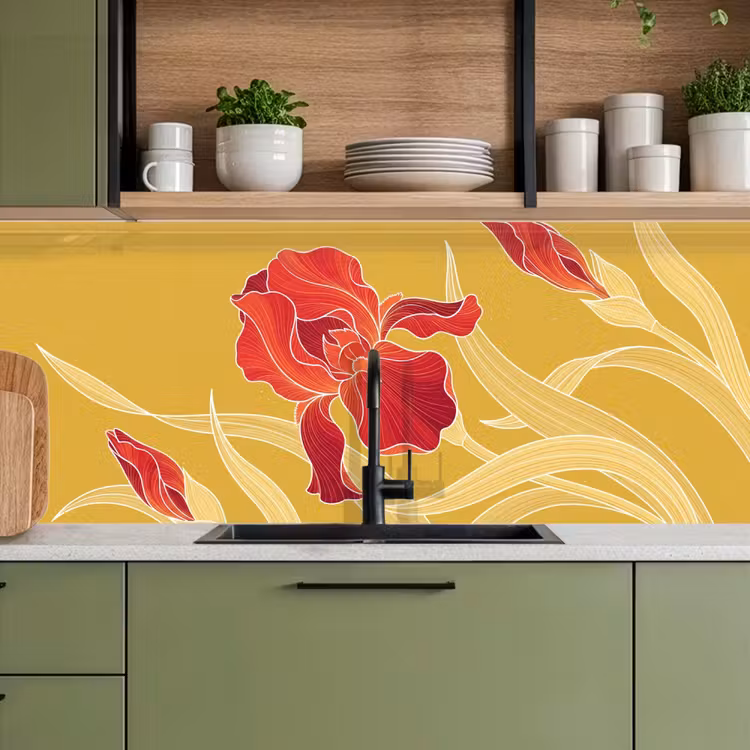 Kitchen Wall Splashback - Flowers - Illustration - Red - Bloemen - Illustratie - Rood keuken achterwand 2 middel