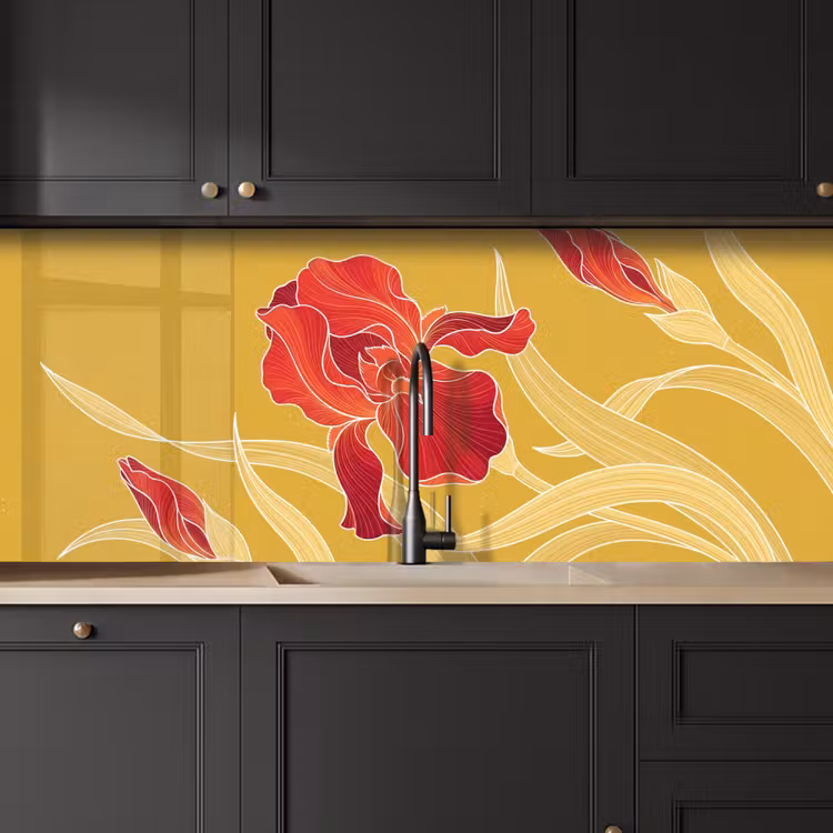 Kitchen Wall Splashback - Flowers - Illustration - Red - Bloemen - Illustratie - Rood keuken achterwand 2 middel