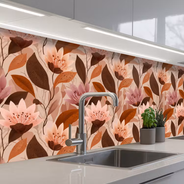 Bloemen - Bladeren - Bruin keuken achterwand 2 groot 857 -3d_schuin